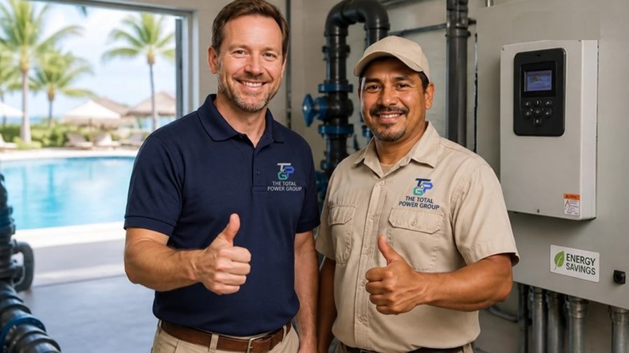 Total Power Group engineer and resort maintenance engineer together at a pool plant room